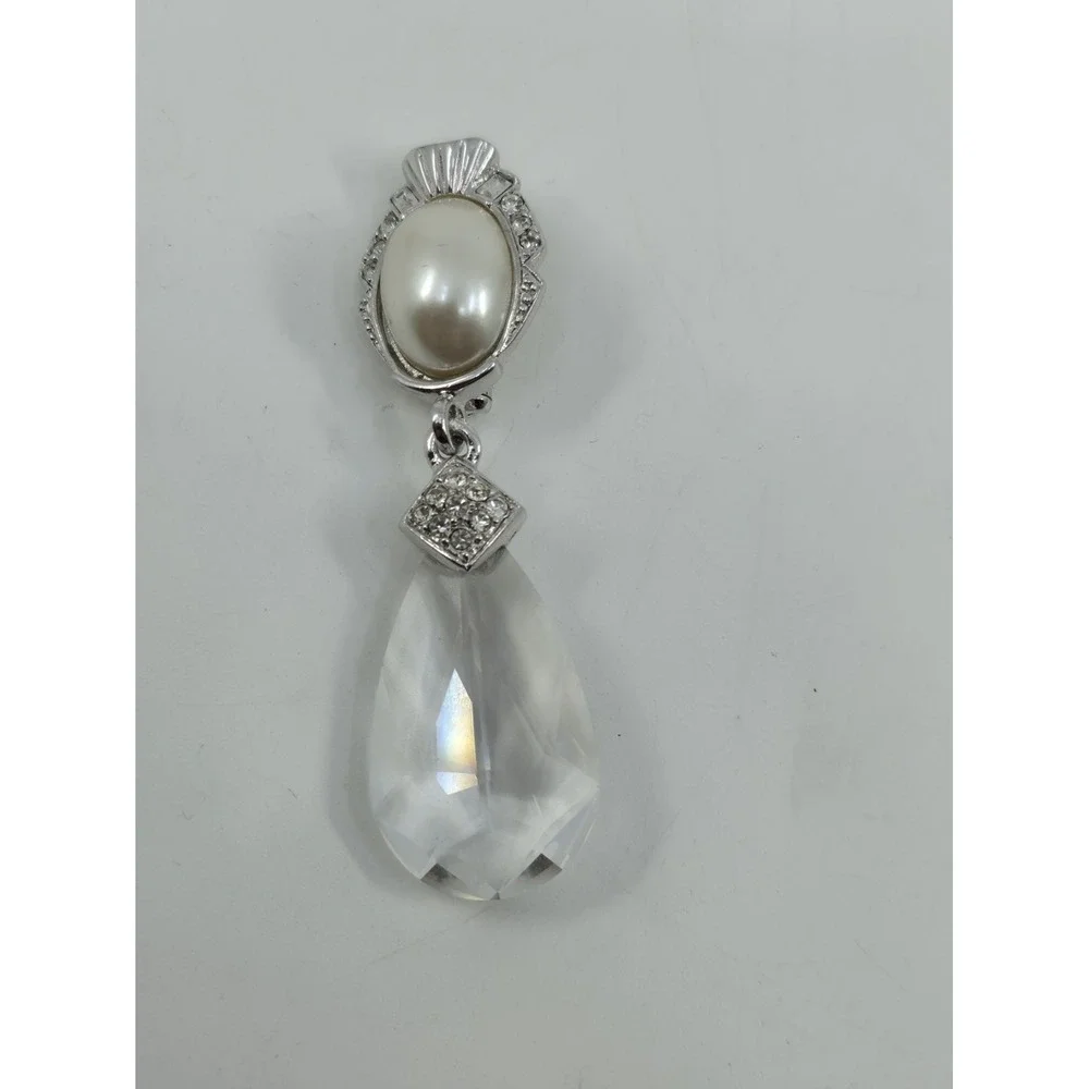 Vintage Signed Craft Silver Tone Faux Pearl Rhinestone Teardrop Crystal Brooch